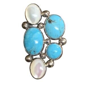 NAKAI Navajo Ring Size 7 Sterling Silver, Turquoise and Mother of Pearl Vintage